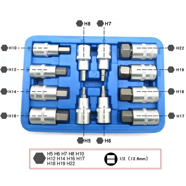 Freeshipping 12-teiliges metrisches Sechskant-Bit-Steckschlüssel-Set, 1/2-Zoll-Antrieb, Inbusschlüssel, Chrom-Vanadium-Stahl, Schraubendreher-Bit-Steckschlüsseleinsätze