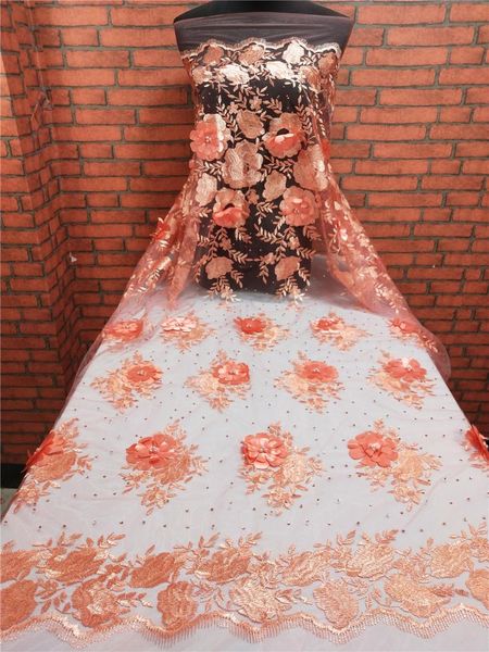 

2019 new style peach french net lace fabric 3d flower african tulle mesh lace fabric nigerian fabrics, Pink;blue