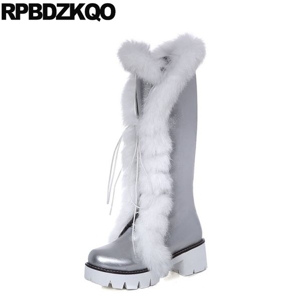

white kawaii shoes long lace up 2017 silver snow furry faux fur high heel chunky lolita knee women boots winter platform ladies, Black