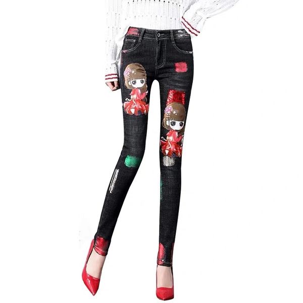 

lyfzous 2019 высокой талии джинсы женщины мультфильм sequined джинсовые брюки бронзировать stretch тонкий черный низ брюки девушка студент д, Blue