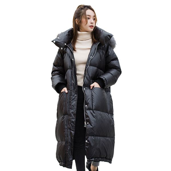 

down jacket female super long hooded jacket 2018 winter european american large fur collar warm thicke cotton coat loose parkas, Black