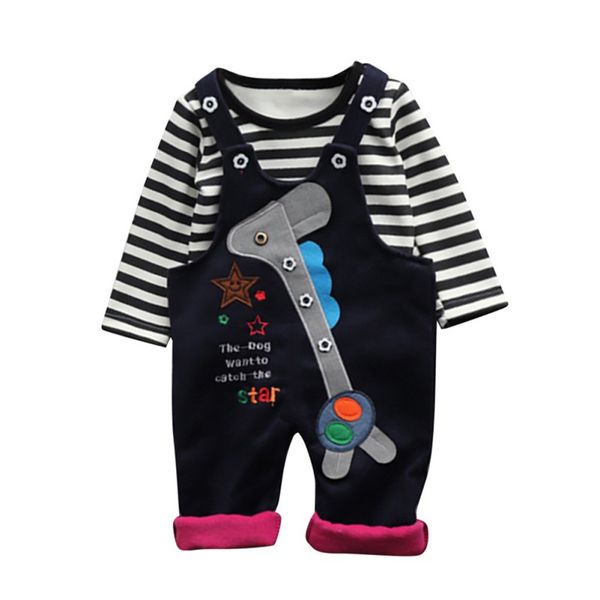 

baby girls boys long sleeve striped print autumn thicken blouse cartoon suspenders pants casual outfits set, White