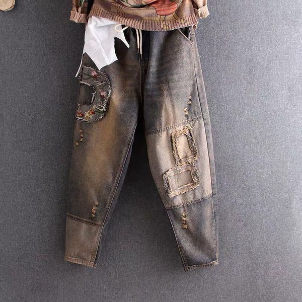 

new spring autumn women elastic waist cotton denim harem pants embroidery vintage ripped jeans plus size loose denim jeans d539, Blue