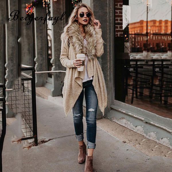 

beigerfayl 2019 autumn beige and black tweed coat heavy big fur collar abrigos mujer elegante cardigan windbreaker overcoat 2085