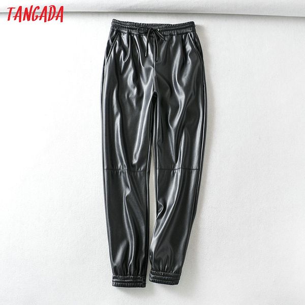 

tangada women patchwork black pu pants strethy waist female boyfriend style faux leather pants trousers 6a107, Black;white