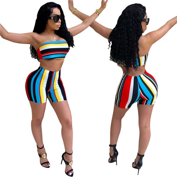 

womens two piece sets striped printed tank short suit high waist sleeveless short pants skinny suits, White