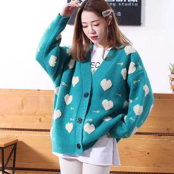 

autumn winter new women elegant casual fashion love heart pattern cardigans sweater jackets female knitting v neck cardigans, White