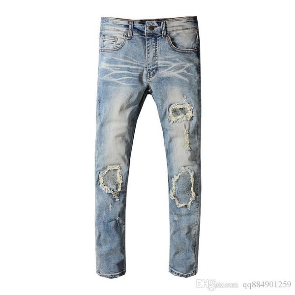 

2019 fashion old retro jeans stretch slim patch zipper casual straight denim pants designer jeans light drawstring printed jeans size 28-40, Blue