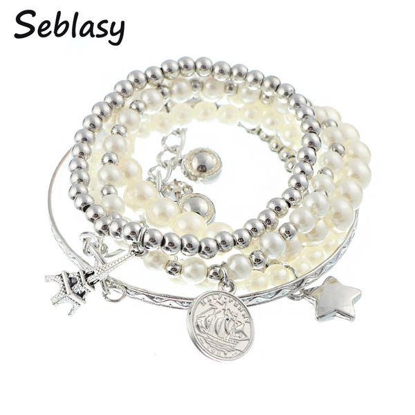 

vintage bohemian big statement multi layer beads star eiffel tower coin simulated pearl bracelets & bangles for women, Black