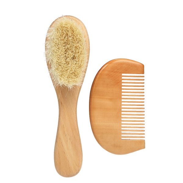 

soft wool baby hairbrush massage comb set wooden handle brush newborn hair brush infant comb head massager for boys and girls, Silver