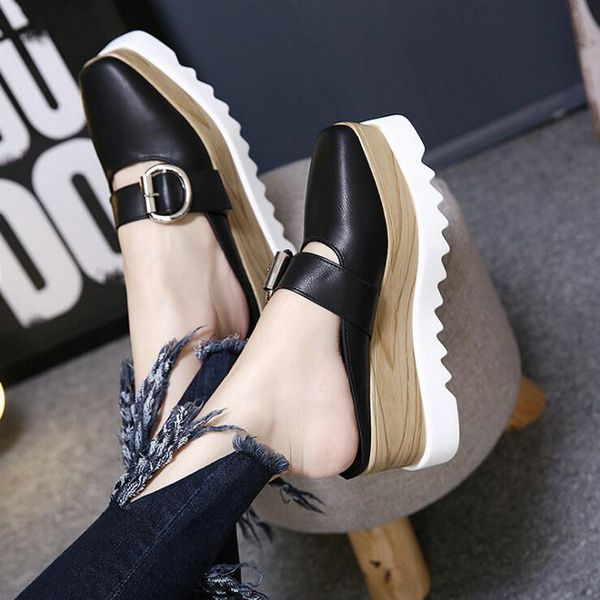 

women platform slipper square toe summer creeper buckle platform wedge sandals slippers thick heels casual shoes, Black