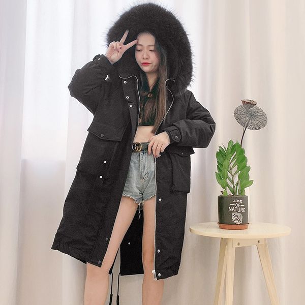 

printed orange] 2019 new products fall and winter clothes korean-style down jacket mid-length hooded women's coat raccoon fur c, Black;white
