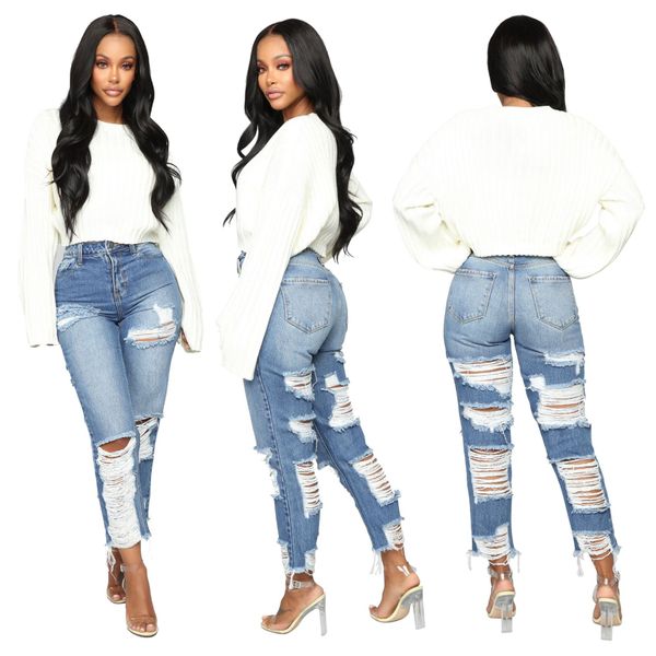 

new jeans women ripped jeans fashion trend hole denim pants, Blue