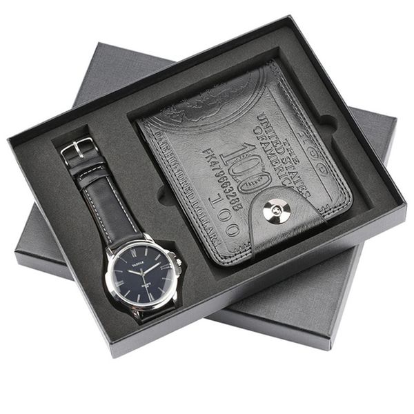 

men's gift set beautifully packaged watch + wallet set quality creative combination, Slivery;brown