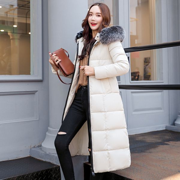 

wholesale fashion cotton coat long hooded cotton suit over the knee warm big fur collar down coat cotton slim coat size xs-xxl, Black