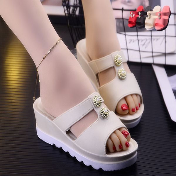 

home slippers women's platform med high-heeled shoes lady on a wedge slides fashion massage heels flat luxury bling rubber, Black