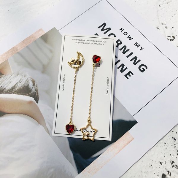 

хрустальные серьги-гвоздики в форме сердца с длинной бахромой асимметричные серьги-клипсы star moon 925, Silver