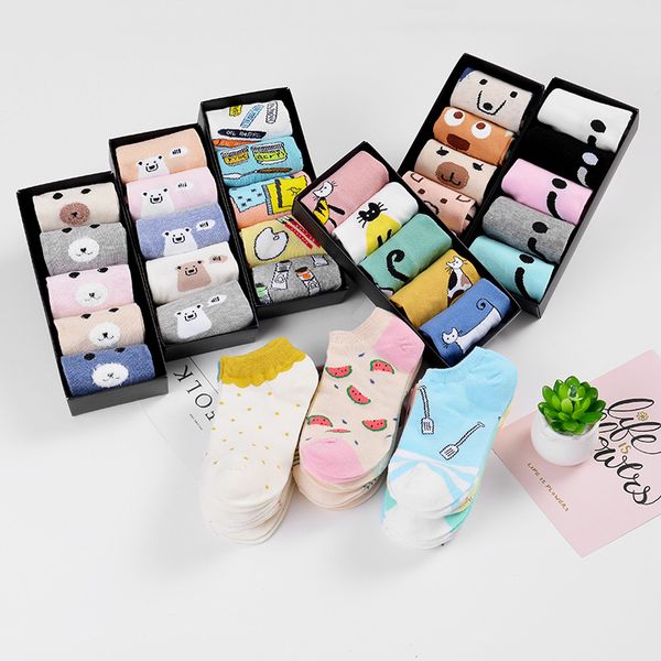 

5 pair women sock spring summer calcetines cartoon female cotton invisible funny japanese korean style women cute animal sock, Black;white