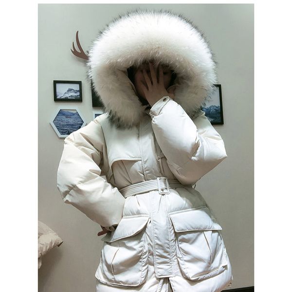 

white down coat winter woman 2019 fashion new hooded fur collar warm thicken cotton clothing casual parkas belt overcoat f1401, Black