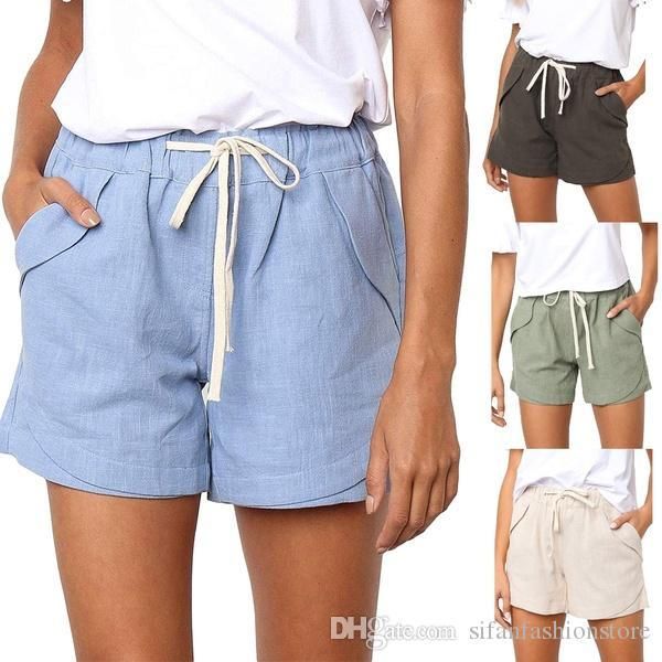 

2019 new fashion women summer solid color casual drawstring elastic waist comfy cotton linen shorts for ladies, White;black