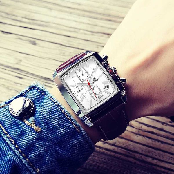 

megir original men watch creative quartz watches waterproof luminous leather wristwatch men clock 2020, Slivery;brown