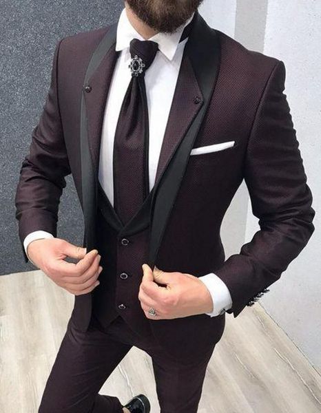 

burgundy groom tuxedos shawl lapel groomsman wedding 3 piece suit fashion men business prom party jacket blazer(jacket+pants+tie+vest) 2586, Black;gray