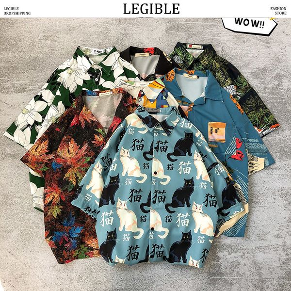 

legible printing shirt men 2020 men korean fashion short sleeve shirt male hawaiian shirts casual loose clothes oversize, White;black