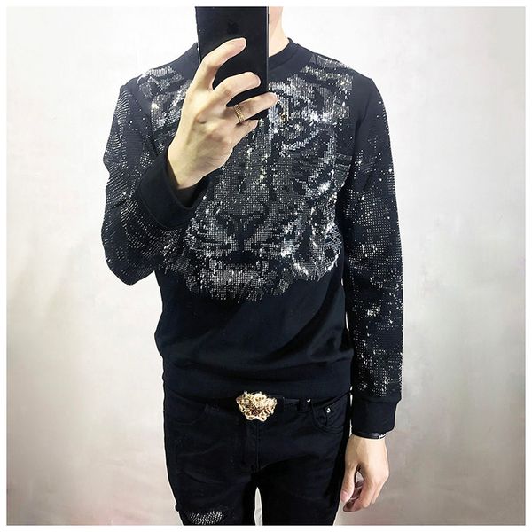 

rhinestone shirt long hip tiger black sweatshirts beading style mens sleeves/t bling fashion/show rlrtq