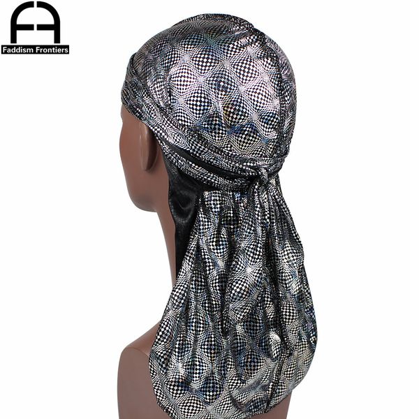 

reflective lattice men silk durag long straps silky durags bandana turban hat waves cap headwrap du rag, Silver