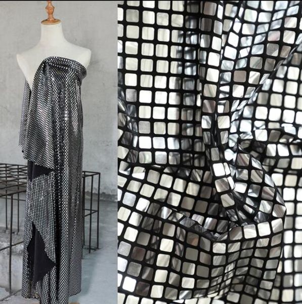 

two style elastic metal cube complex lattice coated textiles fabric sequins laser lace wedding gauze party tweed mannequin fabric a422, Black;white