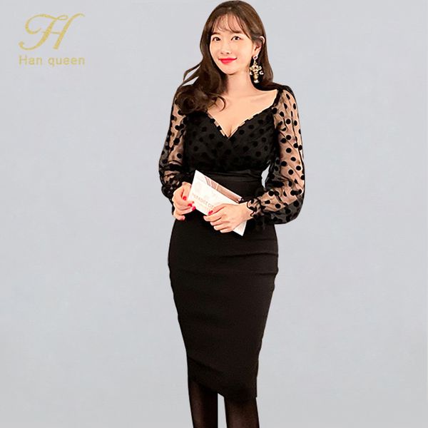 

h han queen spring women work wear 2 pieces set slash neck lace blouses & high waist sheath pencil bodycon skirt, White;black