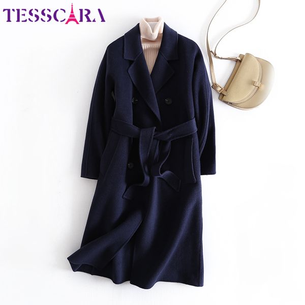 

tesscara women autumn winter elegant cashmere jacket coat female 100% wool blend basic jackets belt designer outerwear & coats, Black