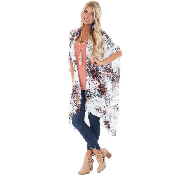 

women casual floral print irregular hem split spring, summer, autumn cardigan cover casual, outdoor, etc up, Blue;gray