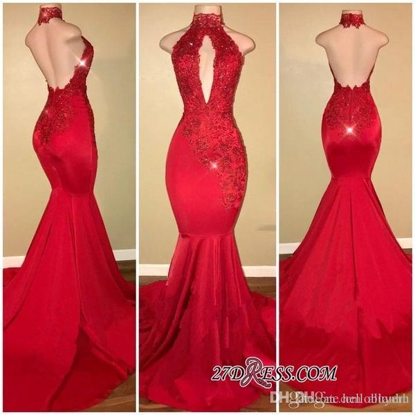 

сексуальные длинные красные русалка платья выпускного вечера 2018 глубокий v шеи кружева аппликация кружева холтер шеи спинки вечерние плать, Black