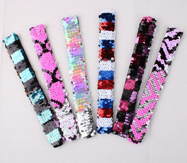 

new arrival girl glitter slap bracelets mermaid sequin wristband double colors bracelet kids party favors, Red;brown