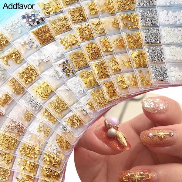 

1 bag gold silver nail charm studs nail jewelry accessories star moon geometric reviet metal design stones bead decorations, Silver;gold