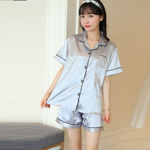 

women short pajamas set silk-like satin sleepwear short sleeves nightwear with pants button closure summer loungewear, Black;red