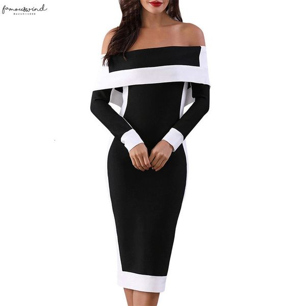 

womens clothing slash neck long sleeve sheath dress ladies vintage casual off shoulder elegant slim splice dress, Black;gray