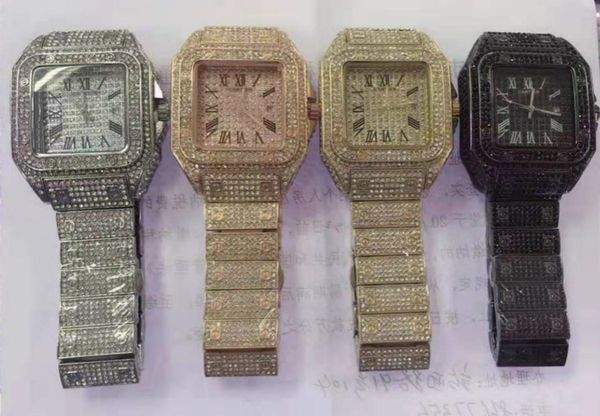 

square men watches brand iced out watch gold full diamond watch for men square quartz waterproof wristwatch relogio masculino, Slivery;brown