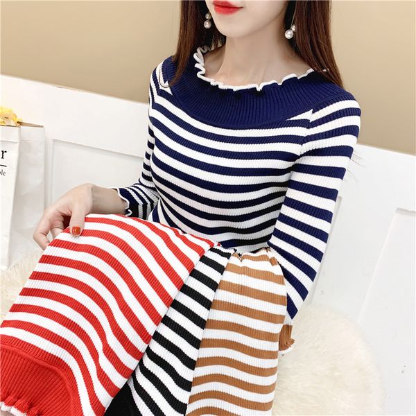 

ruched neck autumn winter ruffles sweaters pullovers women's striped full sleeve slim bottoming sweater shirts for girls, White;black