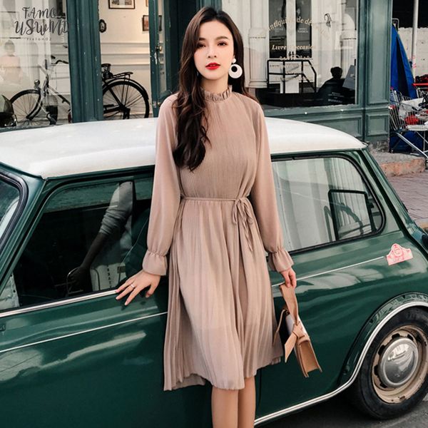 

women two layers chiffon pleated dress 2020 spring autumn female vintage elegant long sleeve loose casual office letter lady dress, Black;gray