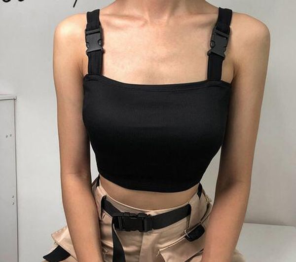 

women black adjustable buckle tank summer cropped streetwear tank 2019 backless sleeve crop top, White