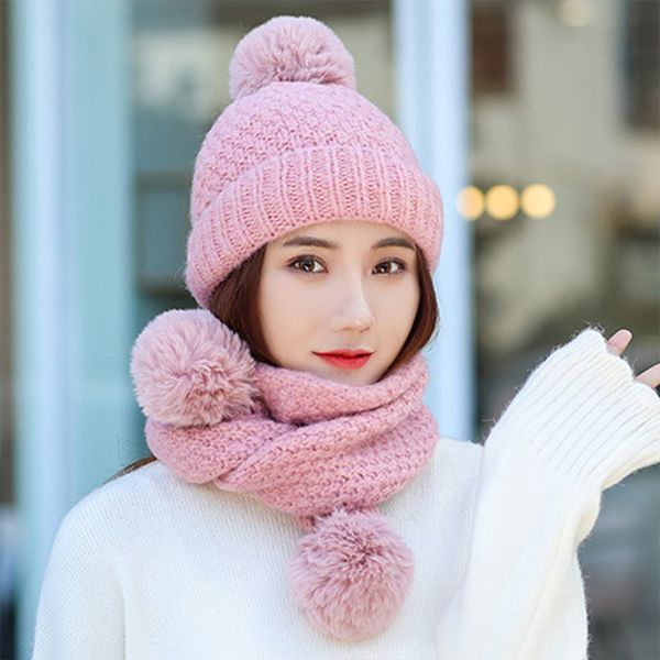 

winter hat and scarf set for women kitted wool kitted hats for girls thick warm pom pom hat scarf set keep warm, Blue;gray