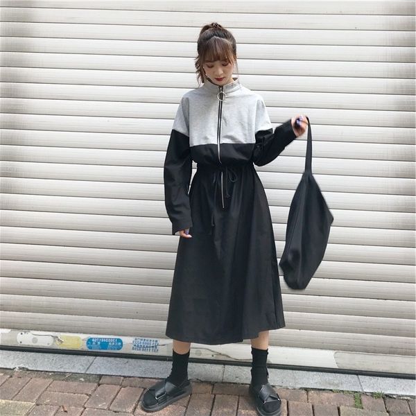 

autumn long sleeved waist windbreaker sweater skirt sports casual loose sweater skirt long overknee stitching windbreaker dress