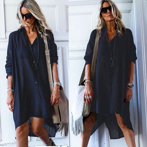 

european and american women's clothing fashion solid color button loose long-sleeved dress, Black;gray