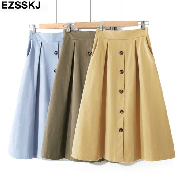 

button midi skirt women 2019 spring summer casual knee length high waist pocket skirt female korean washed cotton a-line skirt, Black;gray
