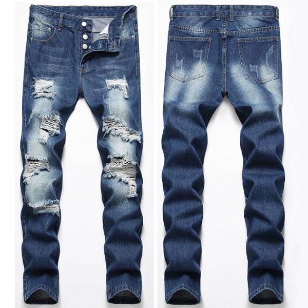 

new designer men's jeans mens distressed ripped skinny jeans classic washed slim moto biker causal mens denim pants hip hop men jeans 0, Blue