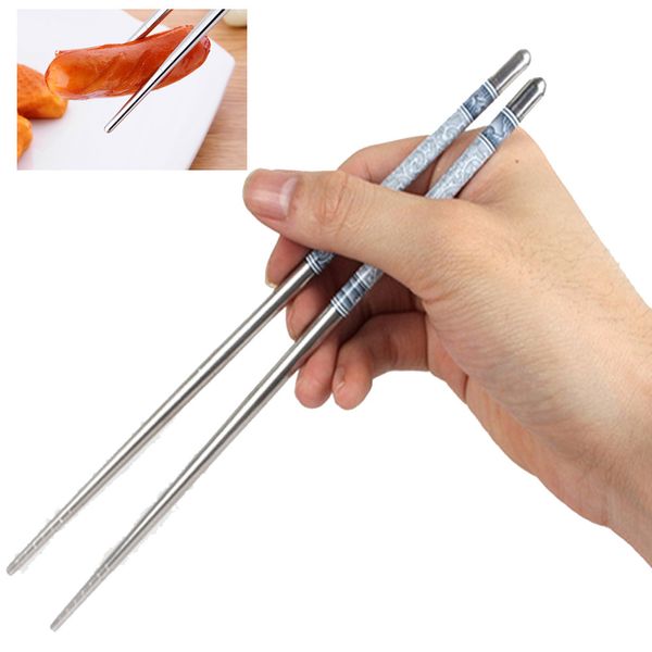 

1pair chinese style length white flower pattern stainless steel chopsticks pair new portable chop sticks