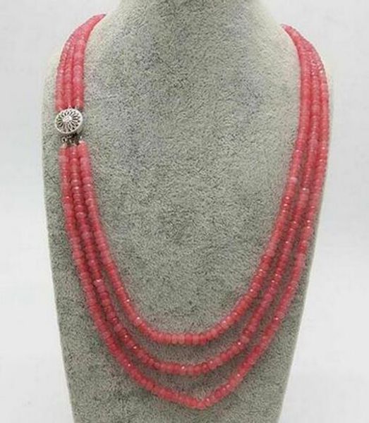

2x4mm natural 3 row pink morganite faceted beads necklace 17-19, Silver