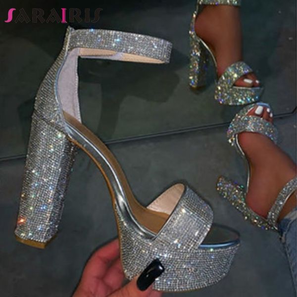 

sarairis new ins ladies summer high heels evening sandals party shining sandals women fashion wedding crystal shoes woman t200515, Black